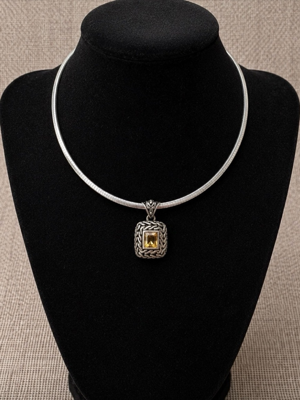Sterling Silver Omega chain with beautifully faceted Yellow Citrine Pendant.